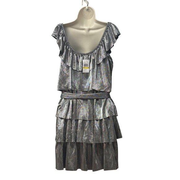Michael Michael Kors Metallic Tiered Off-The-Shoulder Dress, Silver, M - Picture 5 of 13
